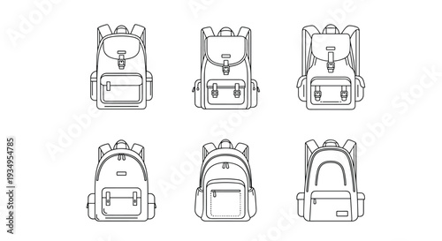 Collection of six different backpack designs presented in clean black and white line art for school travel and outdoor equipment.