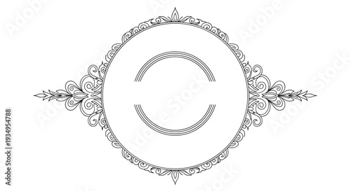Intricate line art round frame with elegant floral swirls and symmetrical decorative elements for formal invitations and vintage designs.