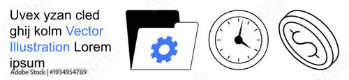 Business automation, workflow, time management, financial planning, productivity, and data storage. Folder with gear icon, clock and dollar coin displayed. Workflow and time management concepts