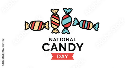 Colorful greeting banner for national candy day featuring wrapped candies in various patterns and bright festive colors on white.