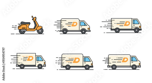 Set of delivery vehicle icons including an orange scooter and white vans moving quickly with motion lines for logistics and shipping.