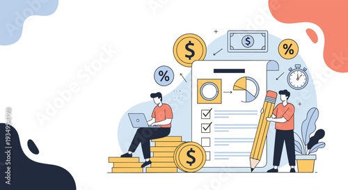 Business professionals working together to manage finances by calculating taxes and analyzing reports with giant pencils and money.