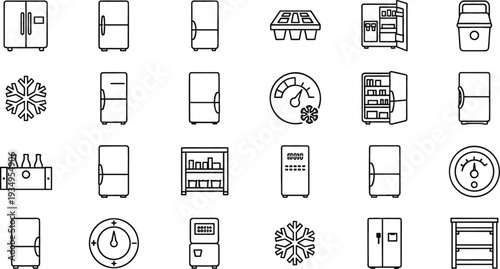 Black and white line vector icon set of household refrigerators cooling appliances freezer compartments and temperature control monitoring symbols.