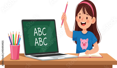 Child, learning, education, desk, laptop, notebook, pencil, smile, classroom, student, online, study, school, kid, writing, happy, digital, ABC, drawing, creativity