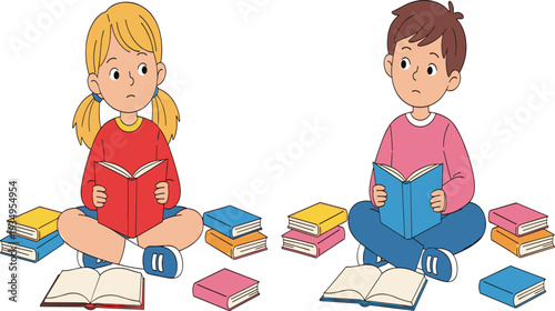 Children reading books, kids study time, educational activity, learning together, colorful books, literacy concept, school preparation, early childhood education, indoor reading scene