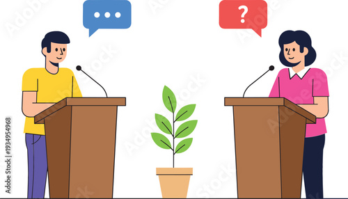 Flat vector illustration of a man and woman standing at podiums with microphones and speech bubbles for debate or public speaking concept.