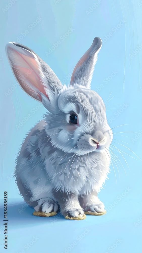 Fototapeta premium A gray rabbit with large ears sits on a blue background (1)