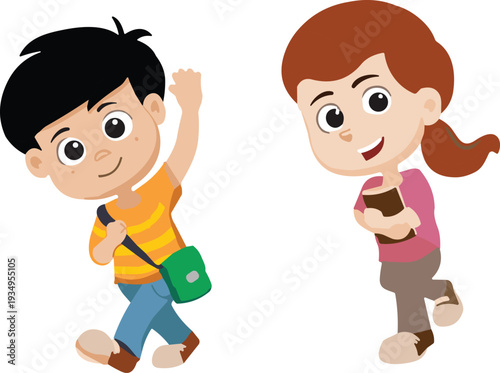 Cute cartoon children waving happily isolated on white background, playful kids illustration concept for childhood, education, animation, design, creativity