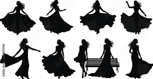 Elegant dancing woman silhouette set featuring flowing dresses and graceful motion poses, fashion performance vector illustration isolated background