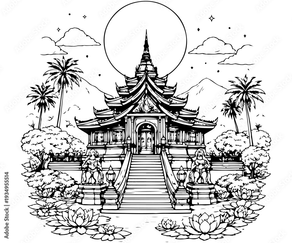 Fototapeta premium Serene Traditional Asian Temple with Moonlit Sky Illustration line art
