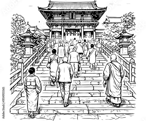 Traditional Asian Temple Entrance with Visitors Walking Up Stone Steps line art