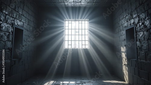 Prison cell with rays of light from the window.3d rendering