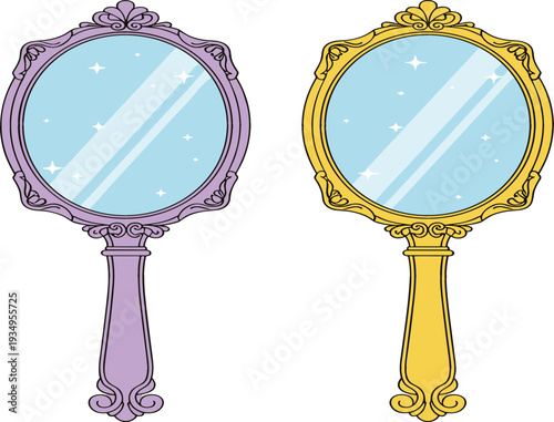 Elegant flat vector illustration of two vintage hand mirrors in gold and purple frames with sparkling glass reflections for beauty and vanity design.