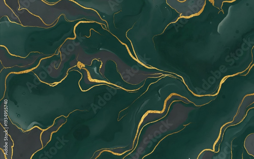 Luxurious marble pattern with gold veins on dark green background, close-up view