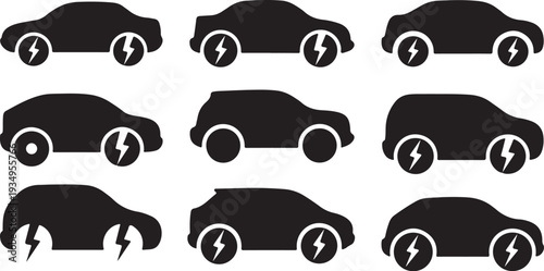 Electric car silhouettes with lightning bolt icons on wheels