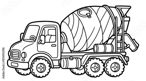 Concrete mixer truck illustration, black and white line art