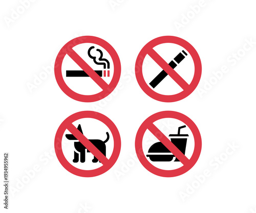 A set of four vector graphic prohibition signs indicating no smoking, no vaping, no dogs, and no littering