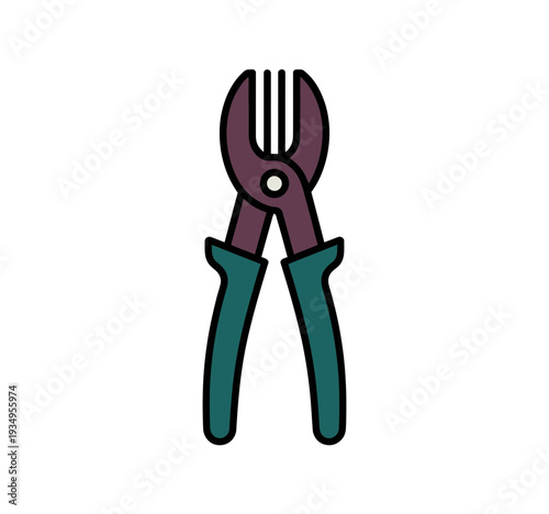A vector graphic illustration of a pair of pliers with green handles and a purple body on a white background