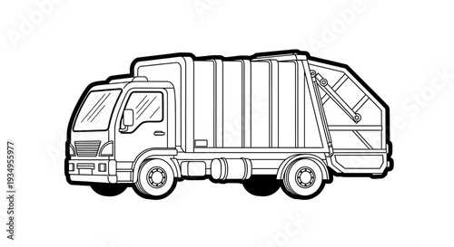 Garbage truck illustration, clean lines, vector art