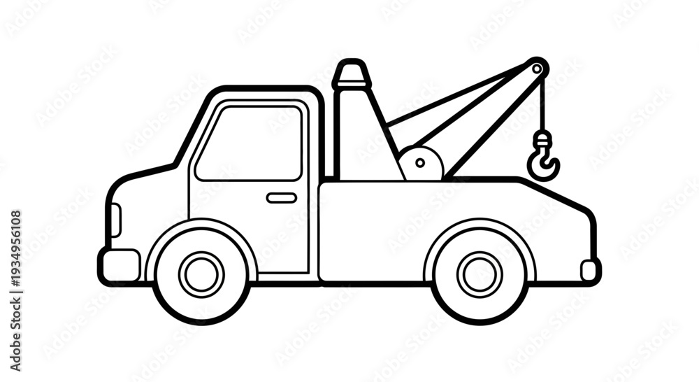 Fototapeta premium Line art tow truck with hook and boom on white background