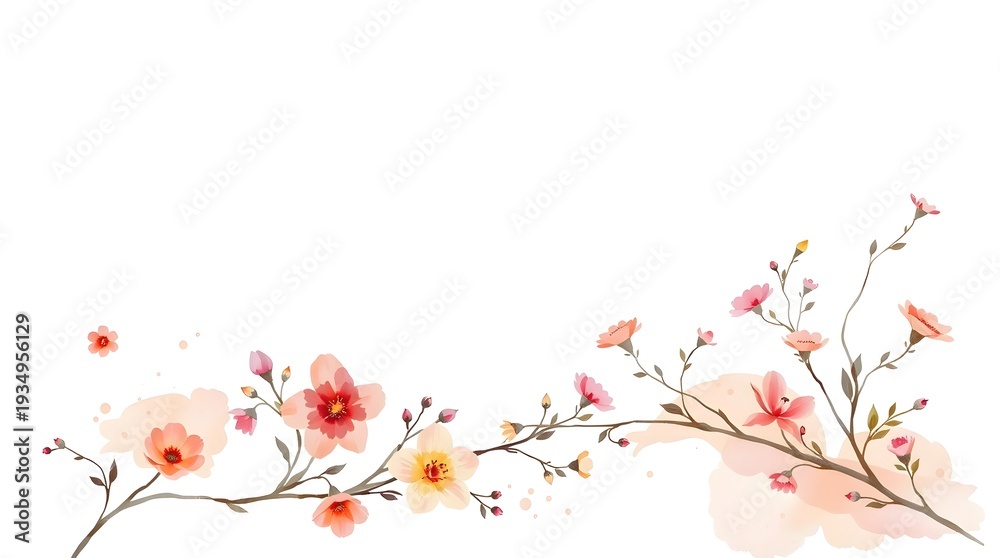 Fototapeta premium Delicate Watercolor Floral Illustration with Pink and Peach Blossoms on White Background,
