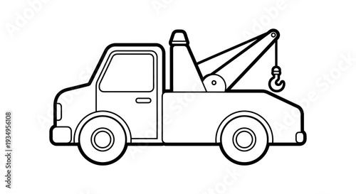 Line art tow truck with hook and boom on white background
