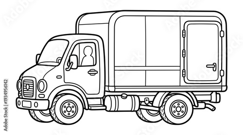 Outline of a delivery truck with a driver inside, isolated on white background.