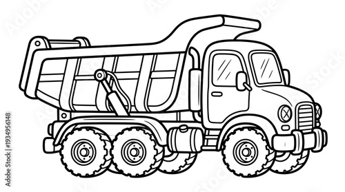Outline of a cartoon dump truck, kid-friendly illustration