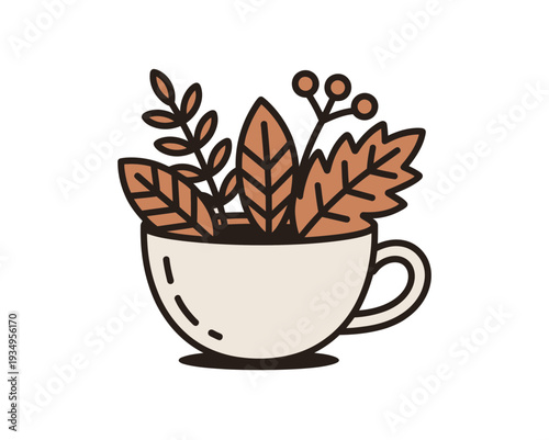 A minimalist vector illustration of a teacup filled with autumn leaves and branches on a plain white background
