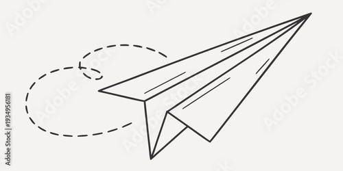 A folded paper airplane flies in a dynamic arc leaving a dashed line trail behind it.