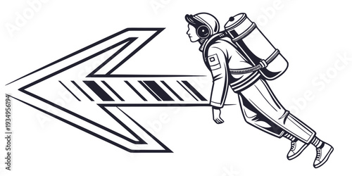 Astronaut figure propelled backward by a large, stylized arrow shape indicating reverse motion or retreat.