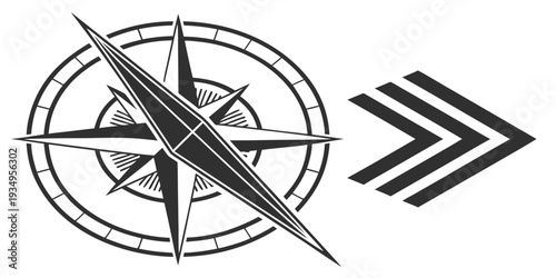 Monochrome compass rose symbol is positioned next to a set of three stacked chevron marks indicating direction.