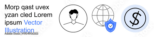 Online identity, internet safety, financial security, digital protection, global network, secure transactions. Human profile, shield with checkmark globe dollar symbol. Online identity
