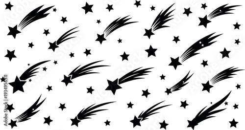Black Shooting Star Silhouette Collection, Falling Comet and Meteor Trail Vector Set,