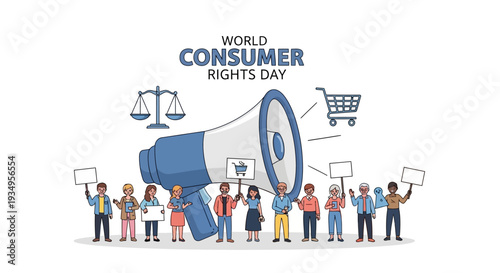 Illustration of diverse people holding signs and standing around a large megaphone on World Consumer Rights Day with a shopping cart and balance scale, promoting Consumer Protection and