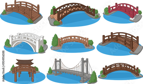 "Collection of nine diverse bridge designs over water with greenery, showcasing architectural styles, construction materials, cultural influences, engineering approaches, and ornamental structural 