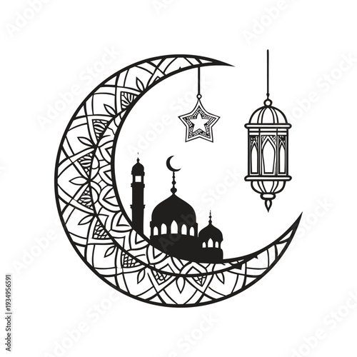 Elegant islamic crescent moon with mosque and hanging lanterns design illustration