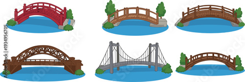 "Collection of six unique bridge designs over water with greenery, showcasing architectural diversity, construction materials, cultural influences, suspension elements, and ornamental structural 