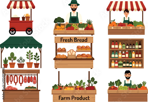 "Colorful farmers market illustration with multiple stalls selling fresh vegetables, bread, meat, plants, snacks, and bottled products, showcasing local agriculture, artisanal goods, and vibrant 