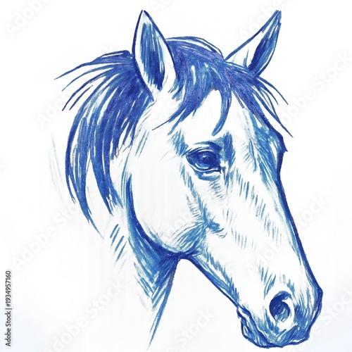 A blue sketch of a horse's head on a white background