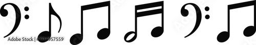 Black silhouette icons of musical notes, bass clef symbols, eighth notes, and sixteenth notes for music theory education and artistic notation.