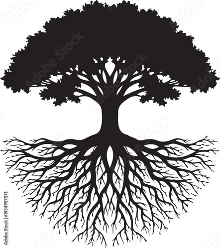 Tree Silhouette with Extensive Root System and Foliage Branches