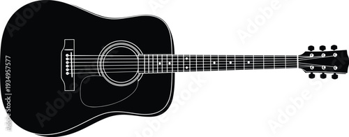 Black silhouette vector illustration of a classic acoustic dreadnought guitar, musical instrument icon for folk music, country, and singer-songwriter hobby.