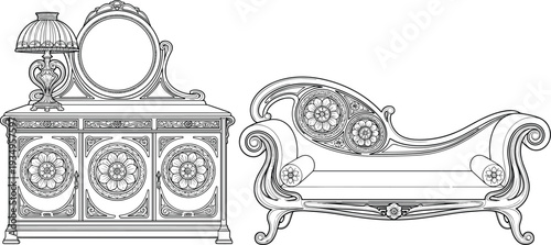 Vintage Victorian furniture set including an ornate dresser with mirror and lamp and a luxurious classical chaise lounge, antique line art.
