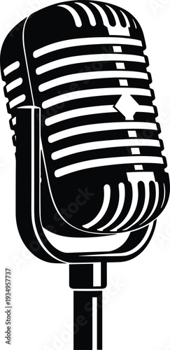 Vintage chrome studio microphone illustration on a stand, black and white retro broadcast mic icon, classic podcasting and radio recording gear.