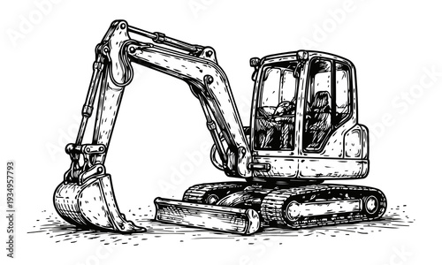 Black and White Mini Excavator Hand Drawn Vector Illustration with Expressive Sketch Line Texture