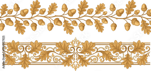 Ornamental border silhouette illustration, decorative oak leaf artwork, acorn vine vector design, floral scrollwork graphic, classical pattern icon, vintage style image