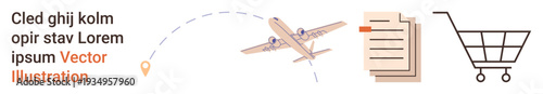 Logistics, e-commerce, delivery services, shipping, online retail, supply chain. an airplane, documents and a shopping cart. Logistics and e-commerce concept for digital use