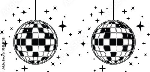 Disco ball silhouette illustration, party dance artwork, nightclub vector design, sparkling light graphic, festive celebration icon, retro music image