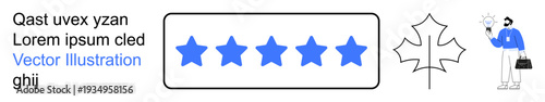 Customer feedback, quality assessment, business evaluation, service reviews, client satisfaction, ratings icon. Five stars, maple leaf icon person holding a rating. Customer feedback and quality